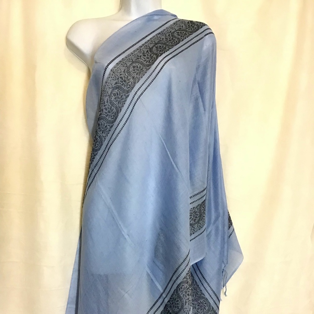 Blue black woven embroidery stole scarf